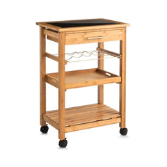 Carucior de bucatarie cu roti, maro, din bambus si sticla, 58 x 40 x 85 cm, Kitchen Trolley Zeller