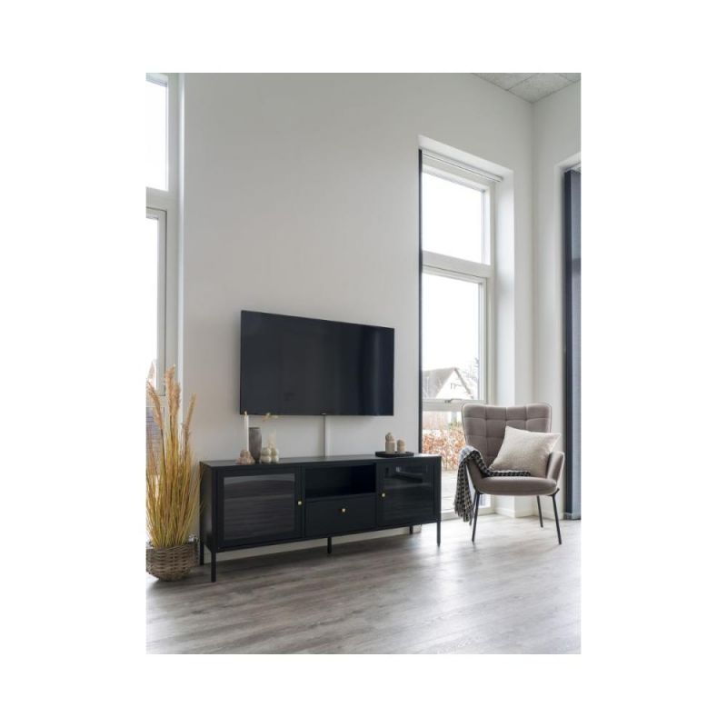 Comoda TV neagra din otel si sticla 160 cm Dalby House Nordic