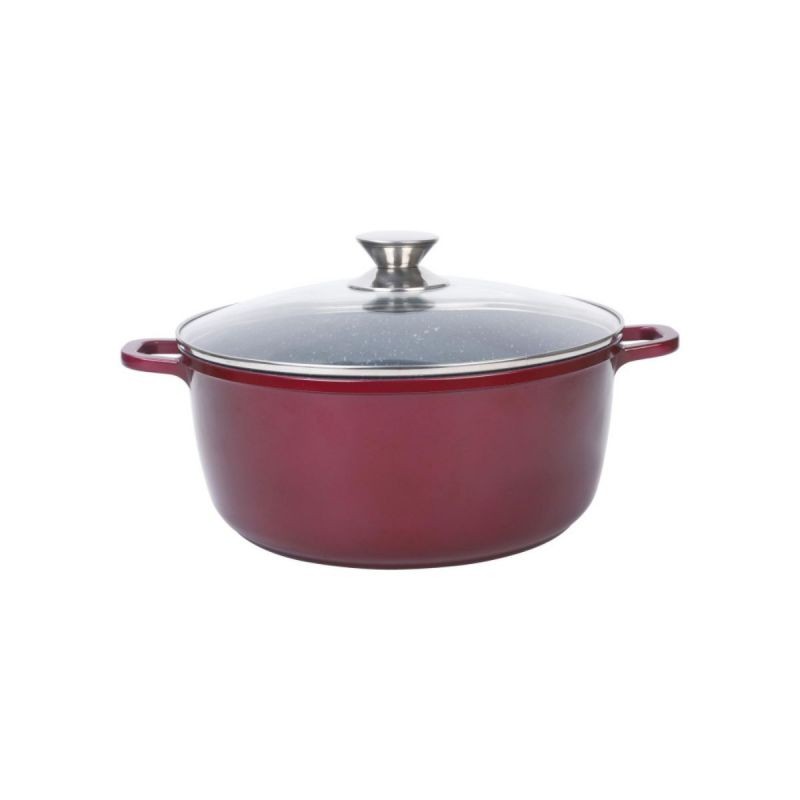 Cratita din aluminiu turnat tip tuci , placata cu ceramica marmorata , cu capac din sticla termorezistenta , pentru prepararea gemului , sosului din tomate , 28 x 11 cm , 6.50 l , Grunberg GR9028