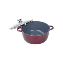 Cratita din aluminiu turnat tip tuci , placata cu ceramica marmorata , cu capac din sticla termorezistenta , pentru prepararea gemului , sosului din tomate , 28 x 11 cm , 6.50 l , Grunberg GR9028