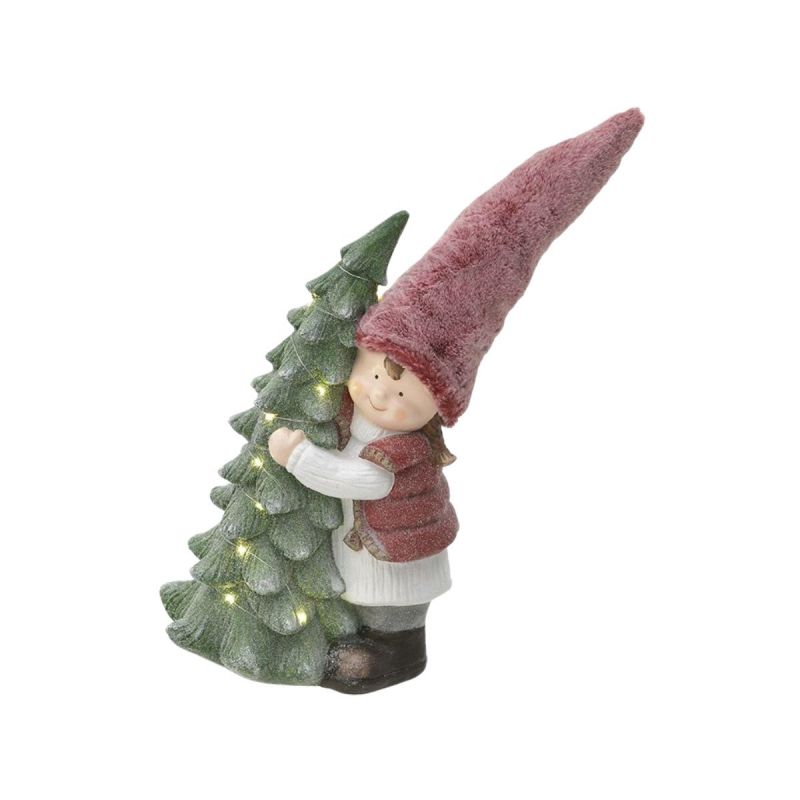 Decoratiune Craciun Copil cu bradut si leduri, 33x20x67 cm, verde/rosu, ceramica