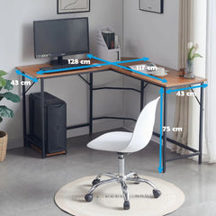 Birou de colt cu cadru metalic negru si blat din MDF melaminat, 15 mm grosime, maro stejar, 128x117x75 cm, Nordic Edge HARO