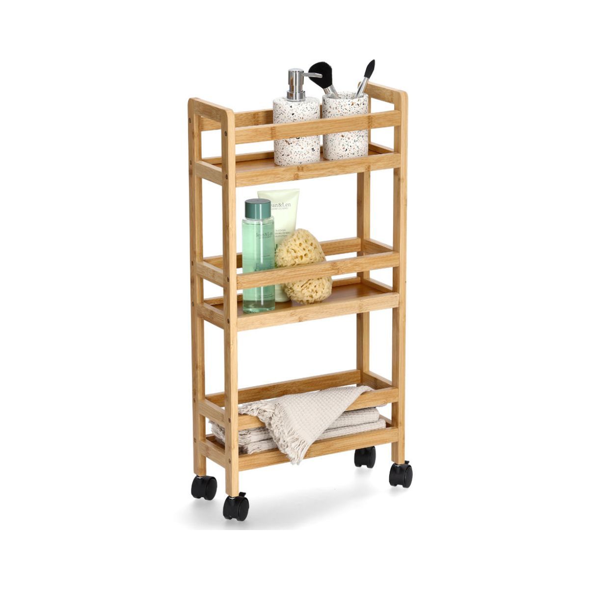 Etajera universala cu roti, maro, din bambus, 74 cm, Niche Trolley Zeller