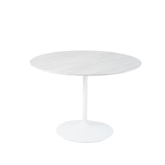 Masa de dining rotunda cu picior metalic si blat din MDF de culoare alba, aspect marmura, 110 cm diametru, 75 cm inaltime