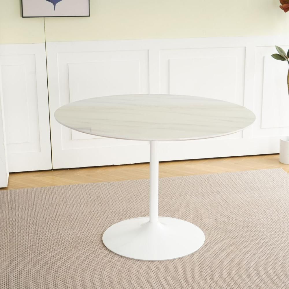 Masa de dining rotunda cu picior metalic si blat din MDF de culoare alba, aspect marmura, 110 cm diametru, 75 cm inaltime