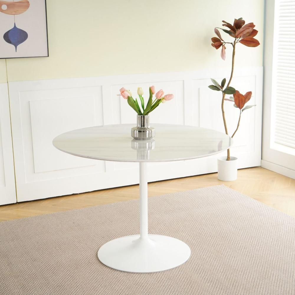 Masa de dining rotunda cu picior metalic si blat din MDF de culoare alba, aspect marmura, 110 cm diametru, 75 cm inaltime