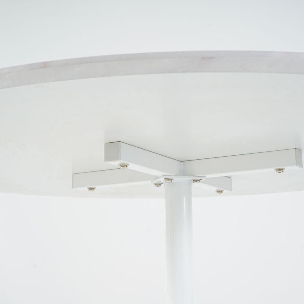 Masa de dining rotunda cu picior metalic si blat din MDF de culoare alba, aspect marmura, 110 cm diametru, 75 cm inaltime