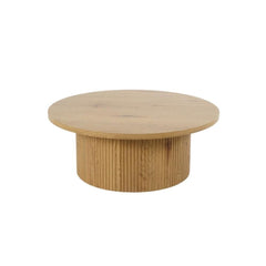 Masuta de cafea rotunda cu cadru metalic si blat din MDF maro deschis, aspect de stejar, 80 cm diametru, 33 cm inaltime