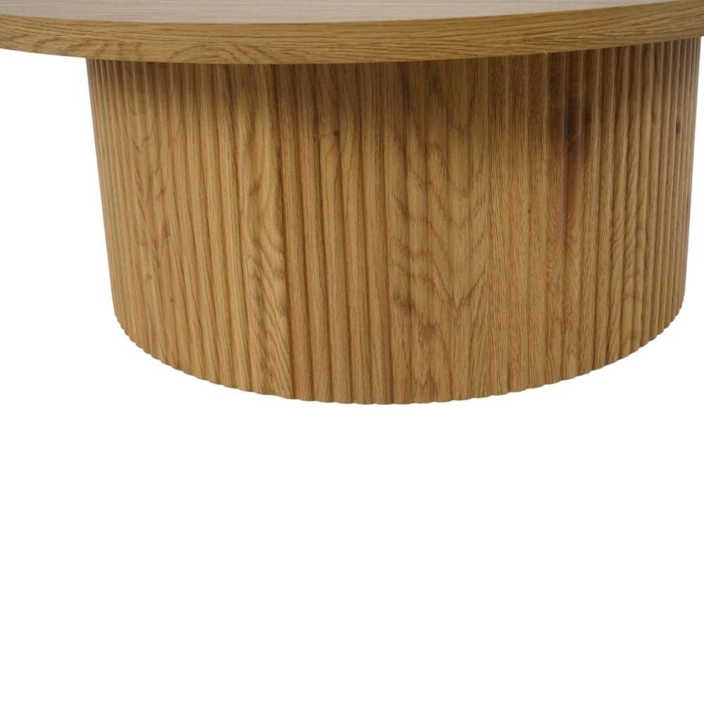 Masuta de cafea rotunda cu cadru metalic si blat din MDF maro deschis, aspect de stejar, 80 cm diametru, 33 cm inaltime