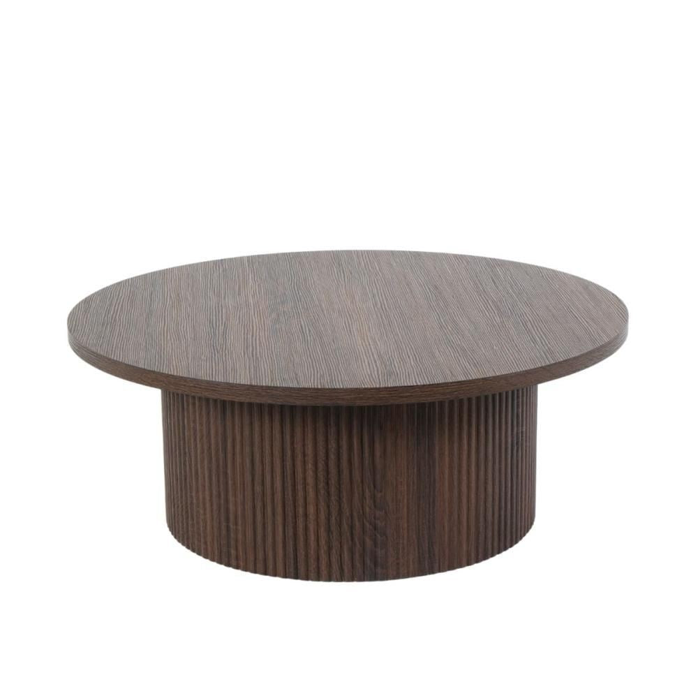 Masuta de cafea rotunda cu cadru metalic si blat din MDF maro inchis, aspect de nuc, 80 cm diametru, 33 cm inaltime