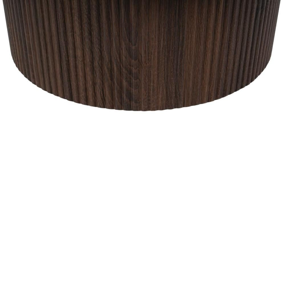 Masuta de cafea rotunda cu cadru metalic si blat din MDF maro inchis, aspect de nuc, 80 cm diametru, 33 cm inaltime