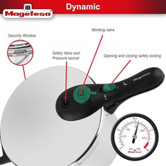 Oala sub presiune DYNAMIC 8 Magefesa, din otel inoxidabil 18/10, cu 5 sisteme de securitate, volum 7.5 litri