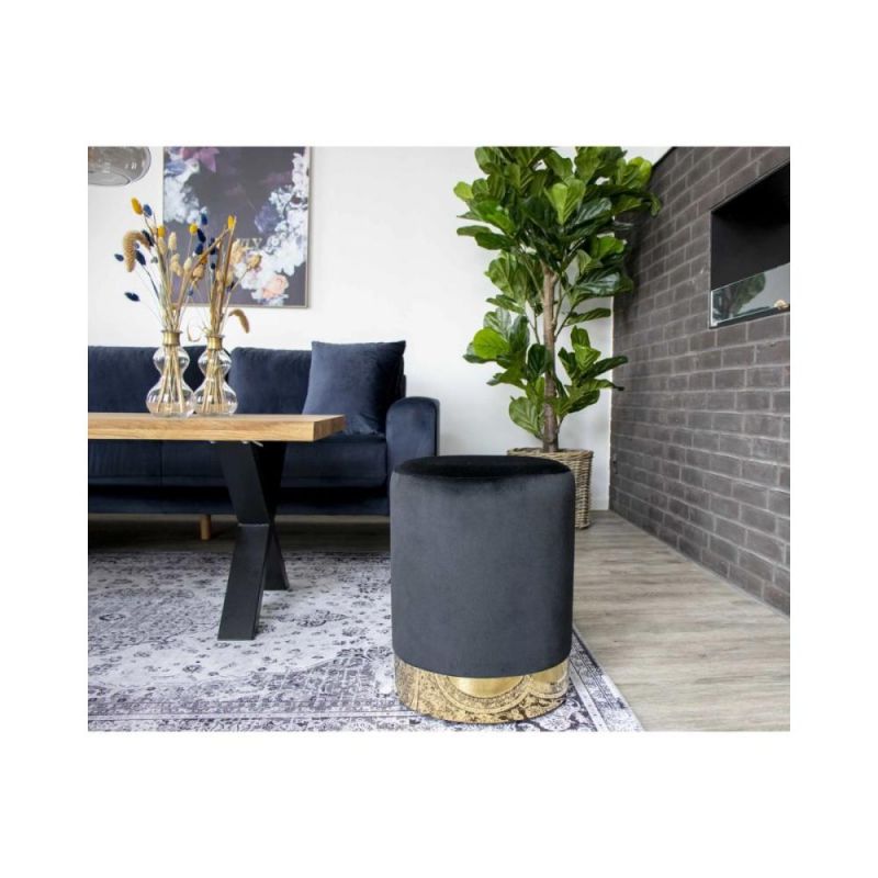 Pouf negru/auriu din catifea poliester si otel Gamby House Nordic