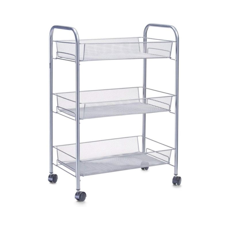 Raft cu roti argintiu din plasa metalica, 43,5 x 26 x 62,5 cm, Mesh trolley Zeller