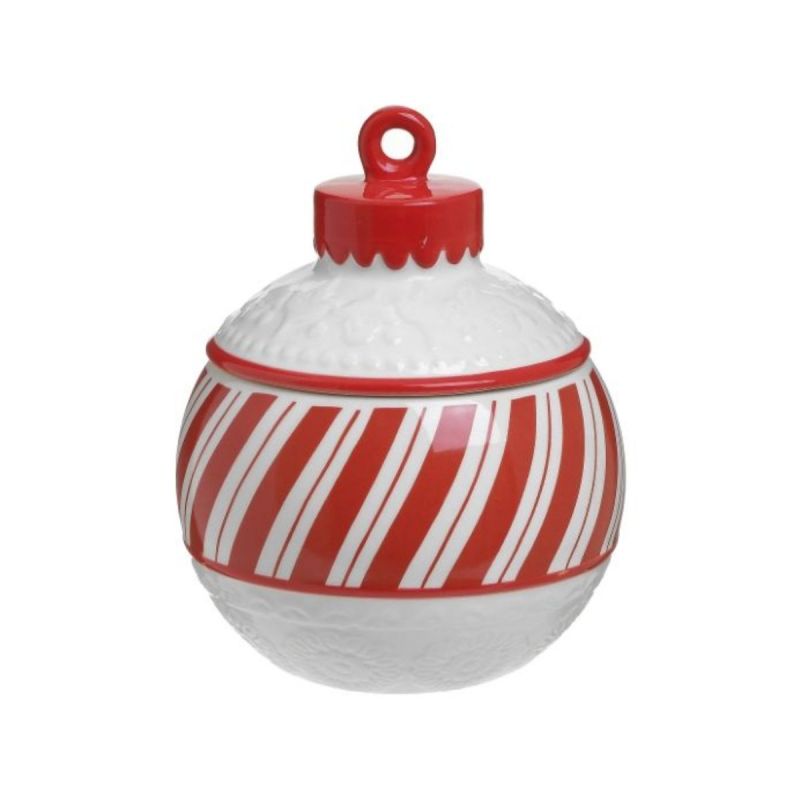 Recipient de depozitare alb/rosu ceramic Ø16X20 Stripes Inart