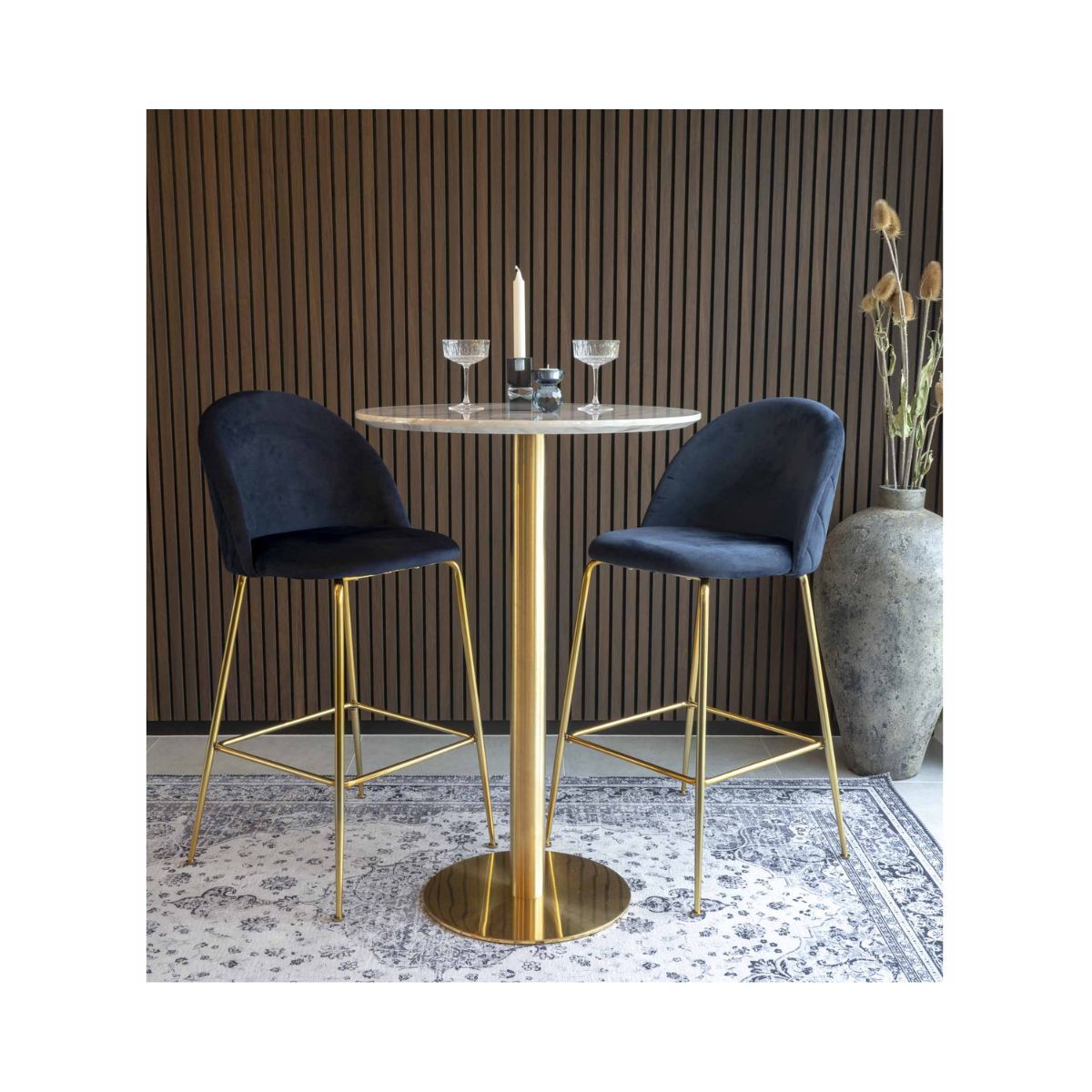 Scaun de bar albastru/auriu din catifea poliester si otel Lausanne House Nordic