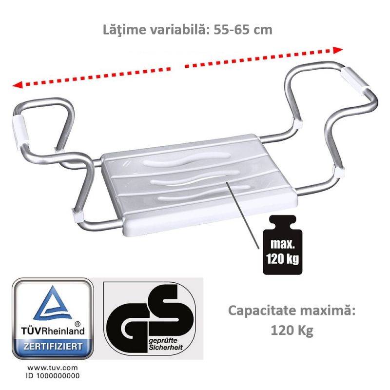 Scaunel ajustabil 55-65 cm pentru cada, alb, din plastic si aluminiu, Secura Wenko