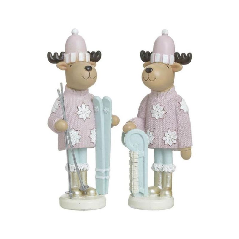 Set 2 decoratiuni Craciun roz/albastru pastel din polirasina 18 cm Skiing Reindeer Inart