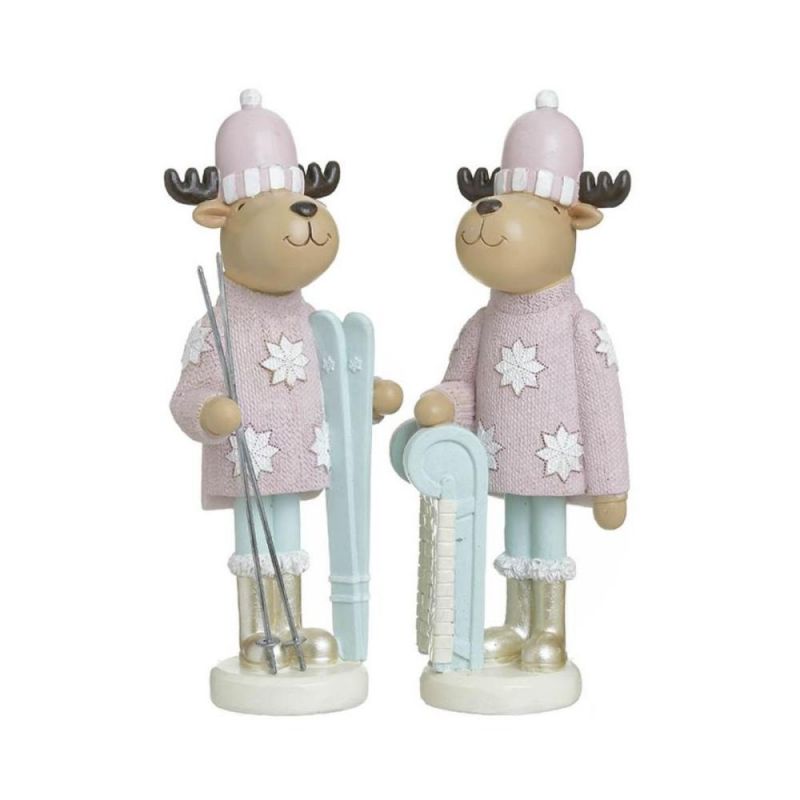 Set 2 decoratiuni Craciun roz/albastru pastel din polirasina 25 cm Skiing Reindeer Inart