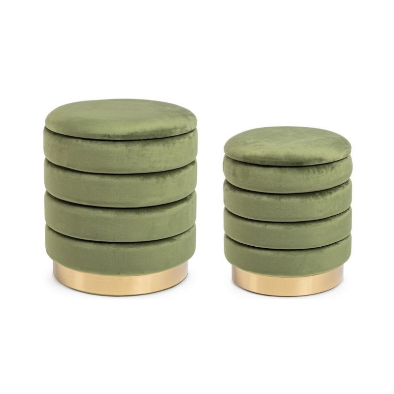 Set 2 pouf-uri verde/auriu din catifea poliester si otel Ø36/40 cm Darina Bizzotto