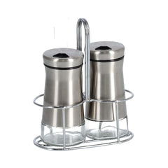 Set 2 recipiente pentru sare si piper, cu suport, argintiu, din sticla si inox, Ø5x11,3 cm, Salt/Pepper Shaker Zeller