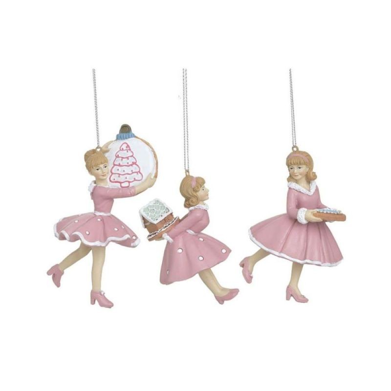 Set 3 decoratiuni de Craciun roz din polirasina 12 cm Ballet Dancer Inart