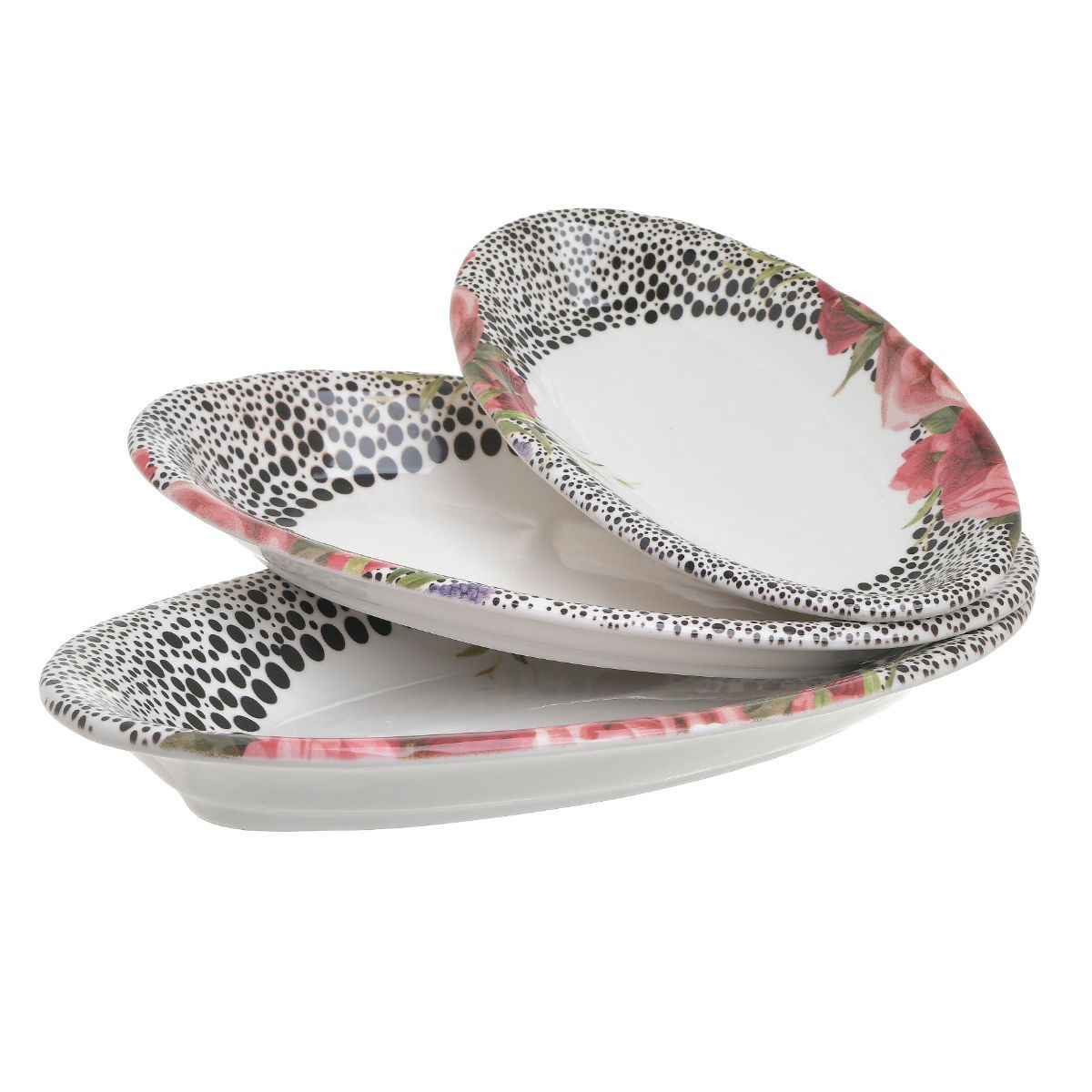 Set 3 platouri ovale, model floral, din ceramica, 29x17.5x3.5 cm