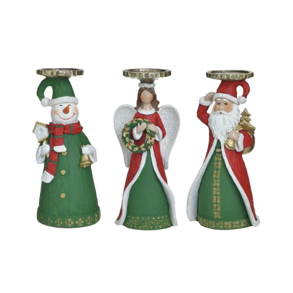 Set 3 suporturi de lumanari Craciun verzi din ceramica Figurine 23 cm Inart