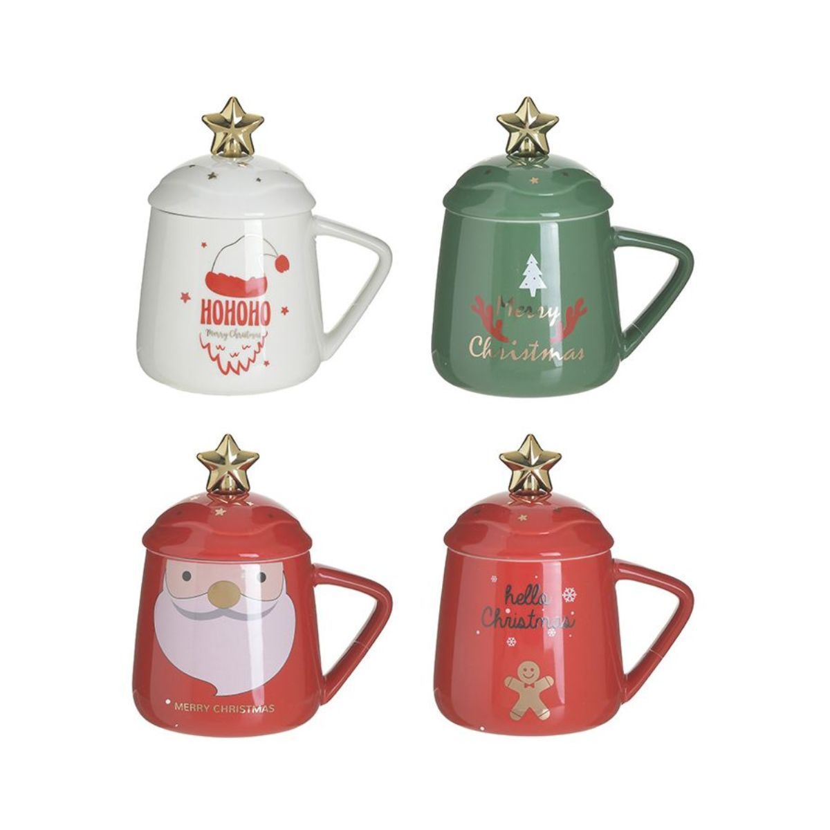 Set 4 cani ceramice cu capac si lingurita XMAS 400cc 13X9X15 Inart