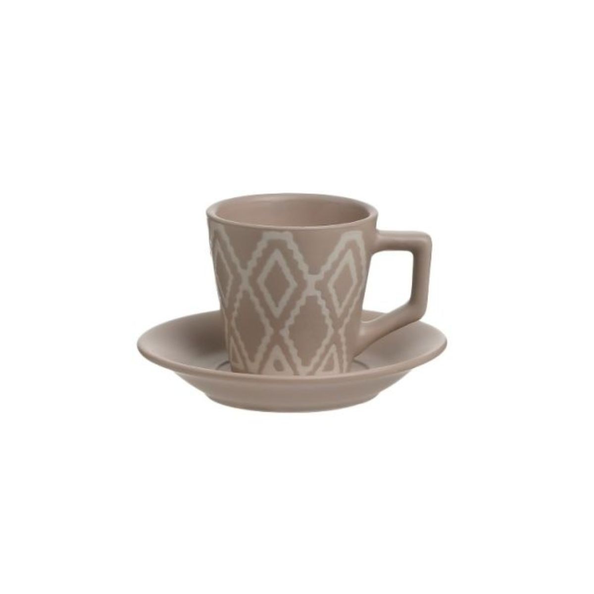 Set 6 cesti de portelan pentru cafea cu farfuriuta si suport de lemn de culoare bej cu modele crem