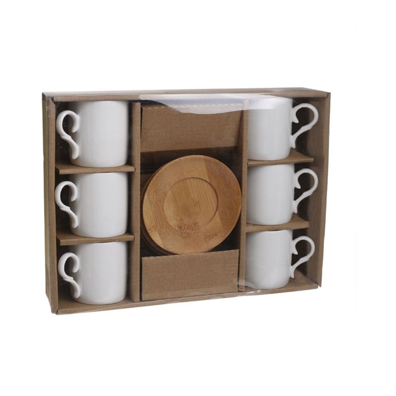 Set 6 cesti pentru cafea, din portelan alb, 100 ml si farfuriuta din lemn de bambus