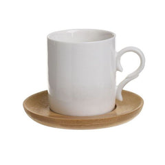 Set 6 cesti pentru cafea, din portelan alb, 100 ml si farfuriuta din lemn de bambus