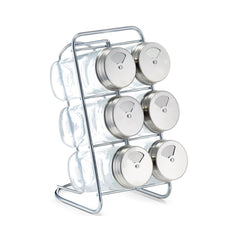 Set 6 recipiente pentru condimente, cu suport, din sticla, 18 cm, Spice Rack Zeller