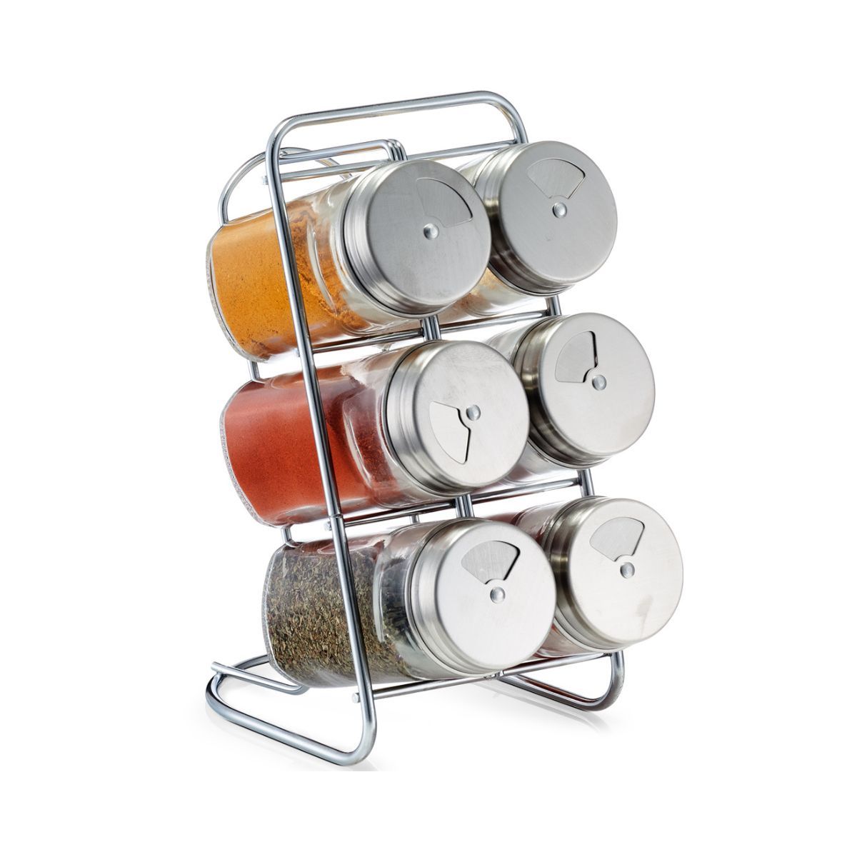 Set 6 recipiente pentru condimente, cu suport, din sticla, 18 cm, Spice Rack Zeller