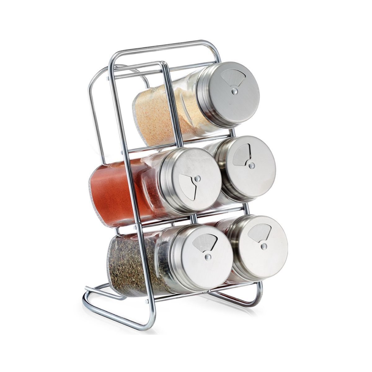 Set 6 recipiente pentru condimente, cu suport, din sticla, 18 cm, Spice Rack Zeller