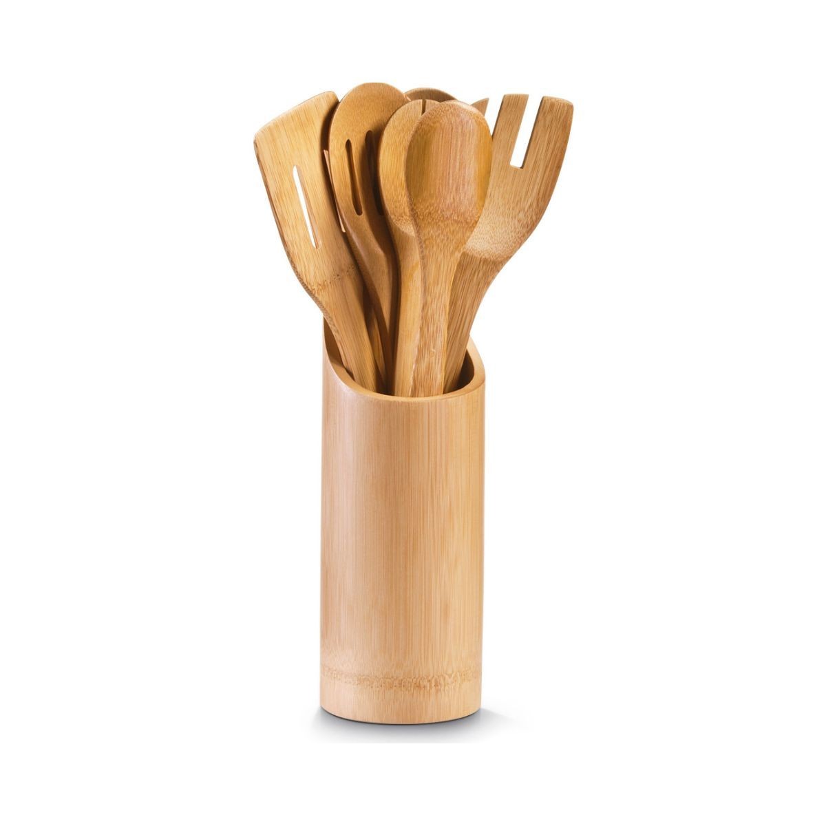 Set 7 ustensile de bucatarie cu suport, maro, din bambus, 33 cm, Kitchen Utensil Holder Zeller