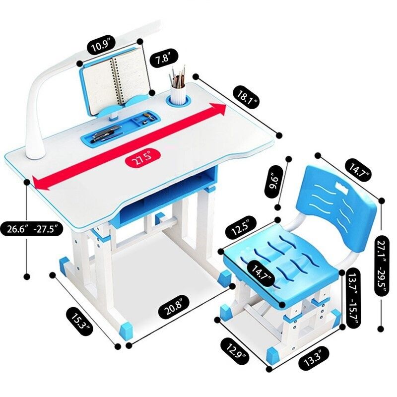 Set birou 70x49x70 cm si scaunel 37x31x70 cm, pentru copii, cu lampa LED, inaltime reglabila, Hectarul KT0043 (albastru)