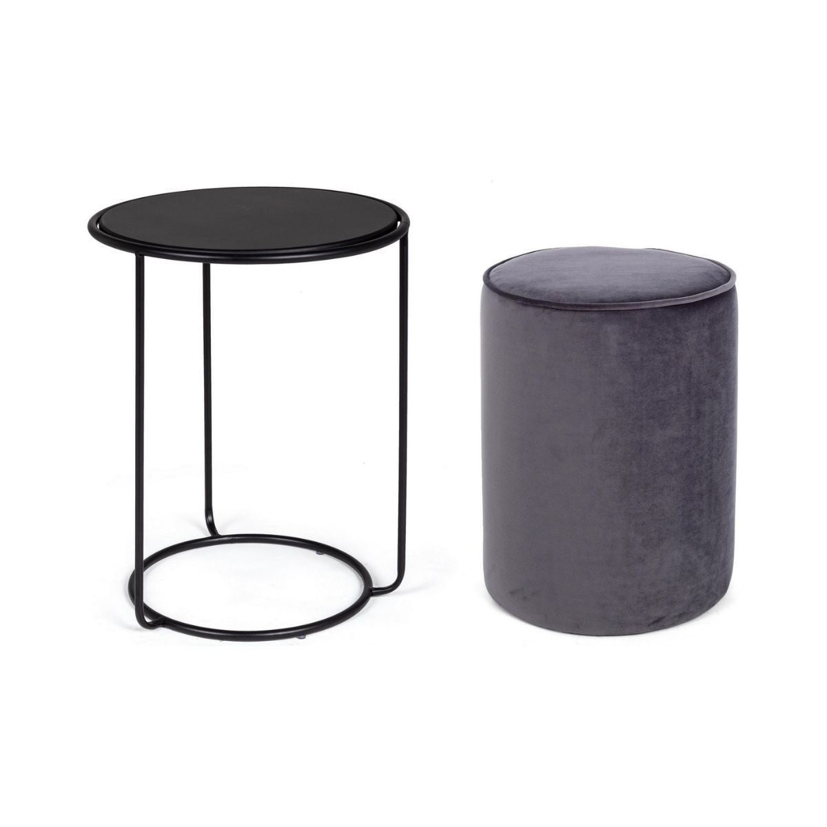 Set cu masuta de cafea si pouf, negru, din otel, MDF, poliester si spuma de poliuretan, Ø 32/40 cm, Annika Bizzotto