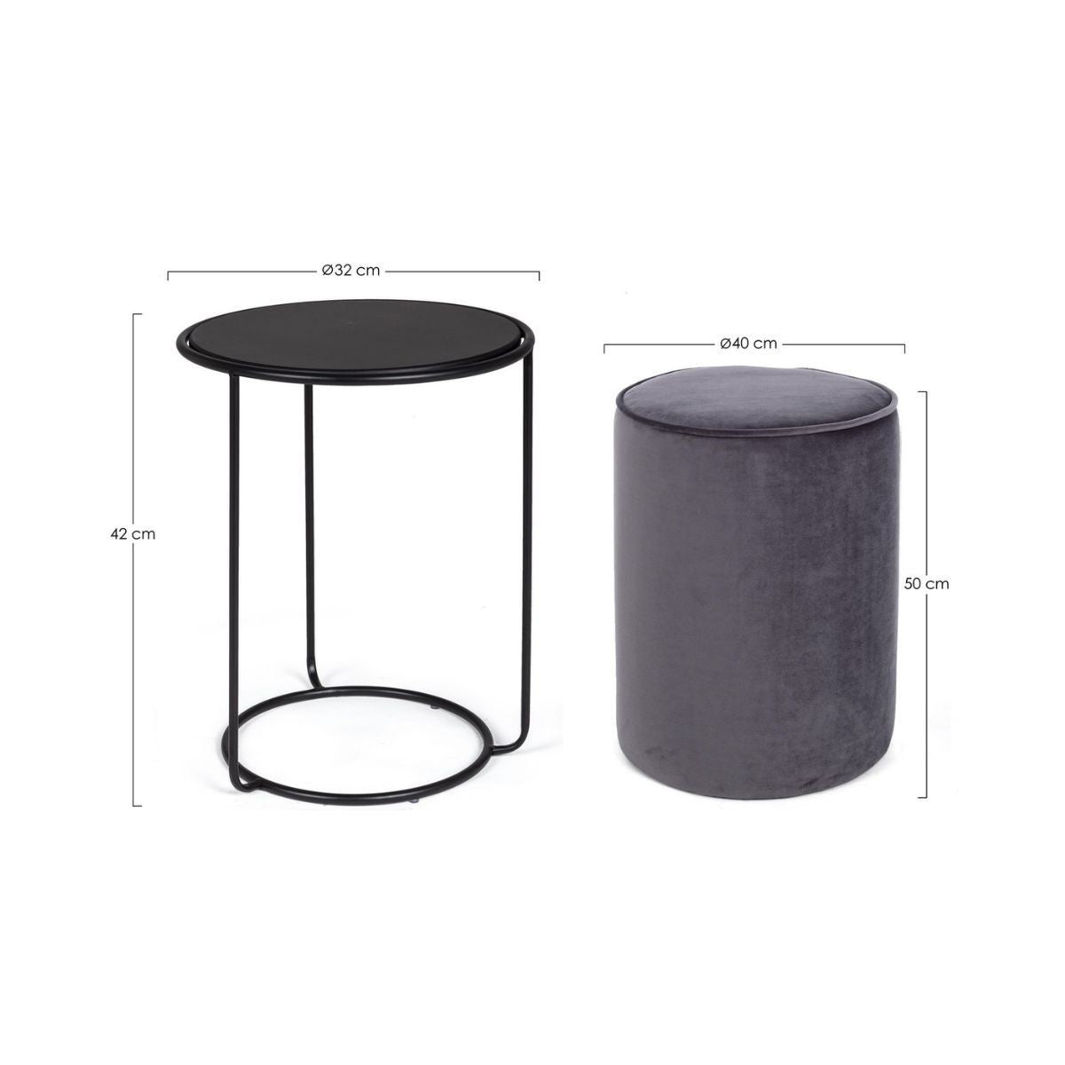 Set cu masuta de cafea si pouf, negru, din otel, MDF, poliester si spuma de poliuretan, Ø 32/40 cm, Annika Bizzotto