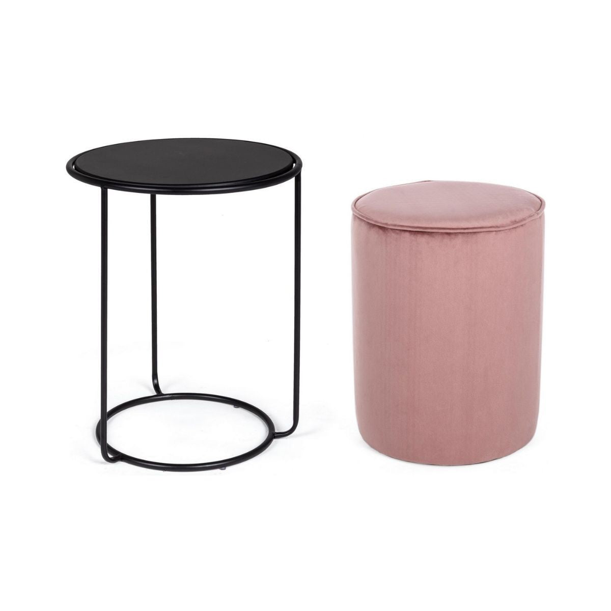 Set cu masuta de cafea si pouf, roz/negru, din otel, MDF, poliester si spuma de poliuretan, Ø 32/40 cm, Annika Bizzotto