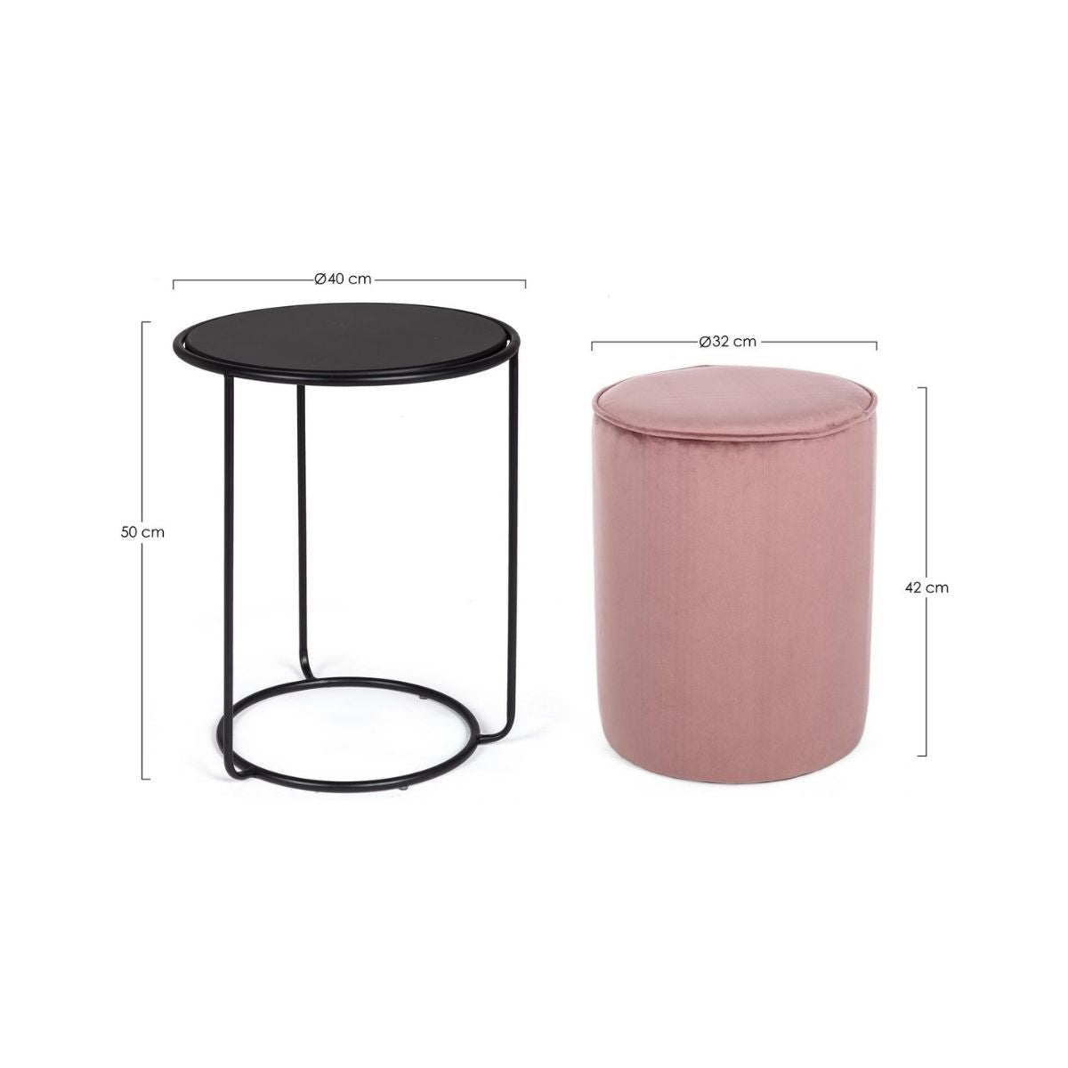 Set cu masuta de cafea si pouf, roz/negru, din otel, MDF, poliester si spuma de poliuretan, Ø 32/40 cm, Annika Bizzotto