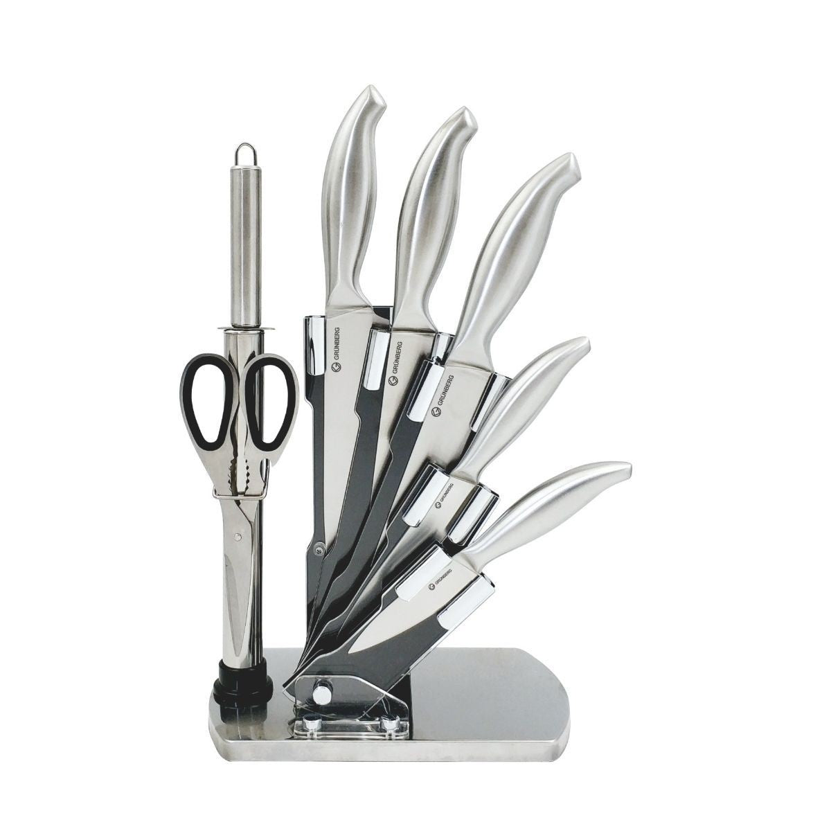 Set cutite 8 piese, 4 cutite, satar, pila pentru ascutit, foarfeca si suport, Grunberg RP11