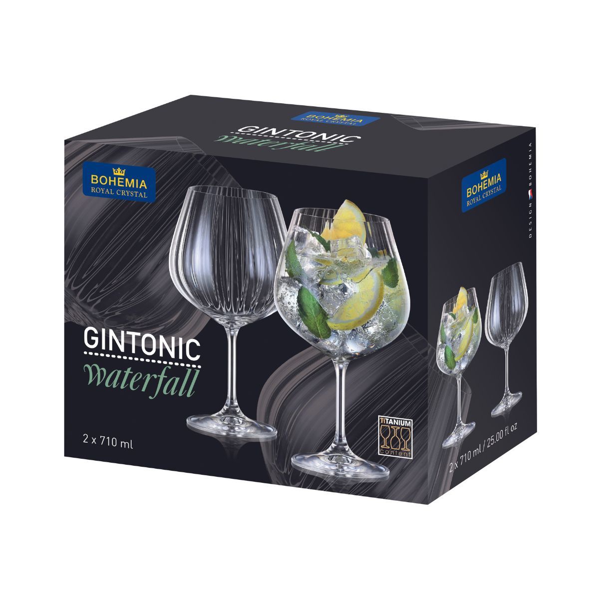 Set de 2 pahare pentru gin, transparent, din cristal de Bohemia, 710 ml, Gin Tonic Waterfall