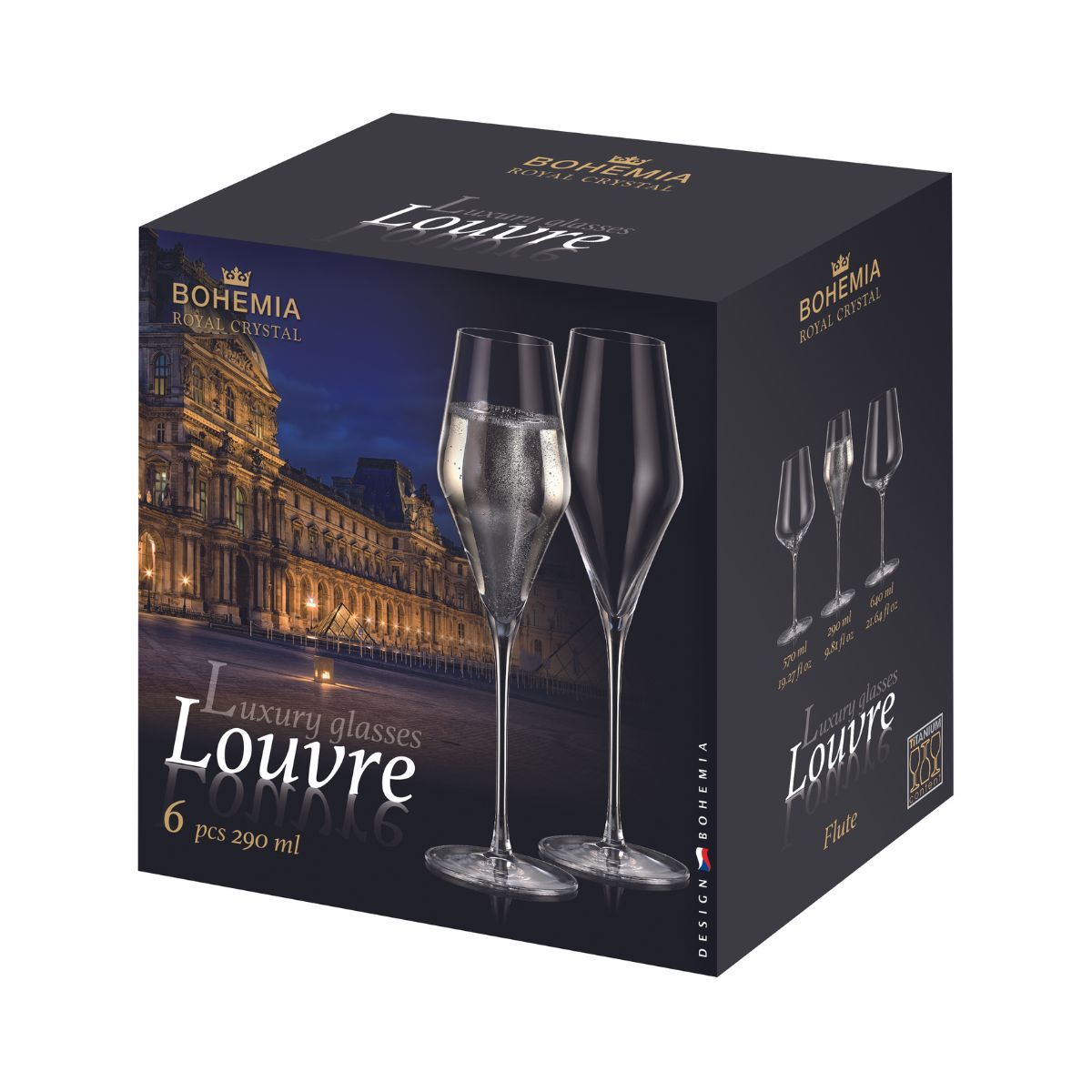 Set de 6 pahare pentru sampanie, transparent, din cristal de Bohemia, 290 ml, Louvre Flute