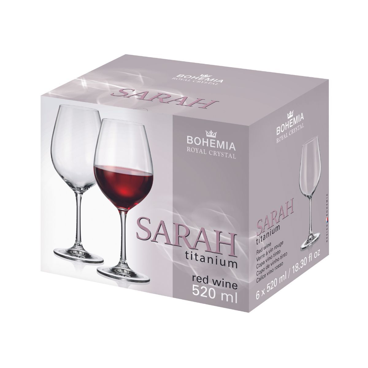 Set de 6 pahare pentru vin rosu, transparent, din cristal de Bohemia, 520 ml, Sarah Red Wine