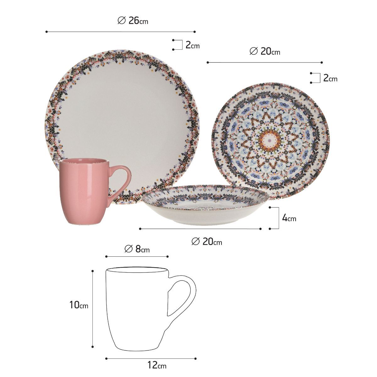 Set elegant pentru cina, din ceramica, pentru 6 persoane. 24 de piese, multicolor.