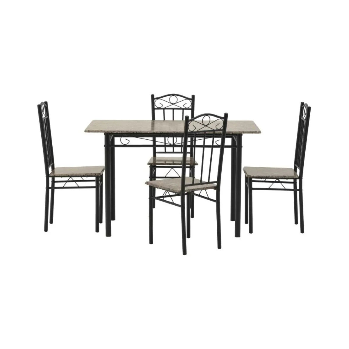 Set masa si scaune dining pentru 4 persoane , din metal si lemn, cu aspect de marmura, 120x68x75 cm, resp 34x40x90 cm