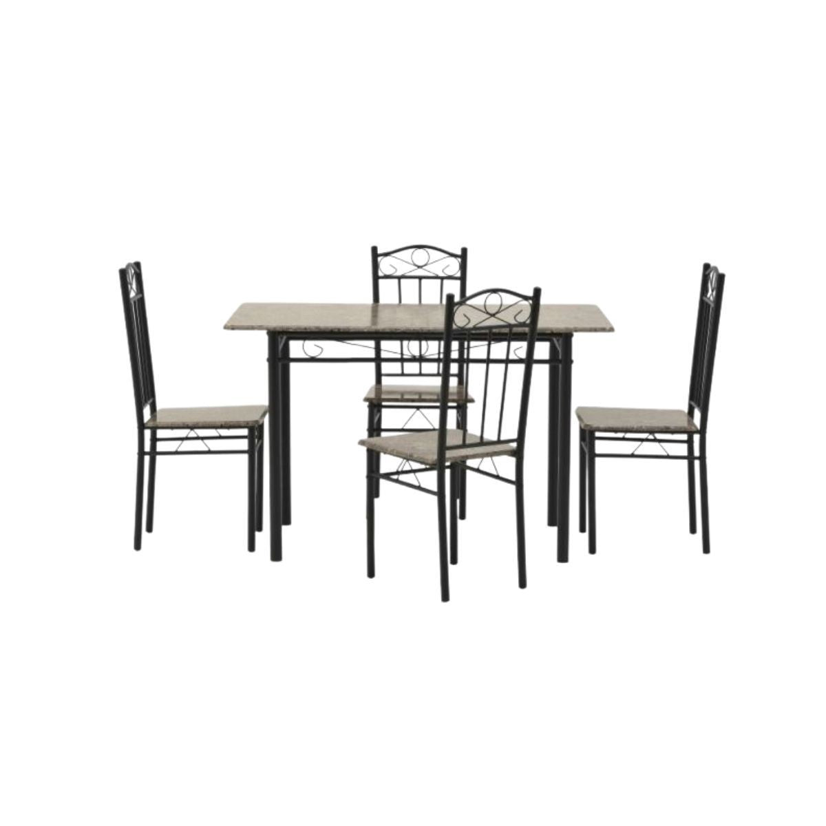 Set masa si scaune dining pentru 4 persoane , din metal si lemn, cu aspect de marmura, 120x68x75 cm, resp 34x40x90 cm