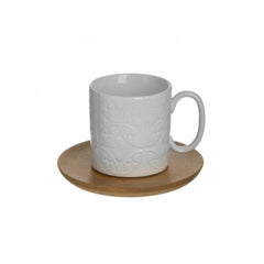 Set pentru cafea, 6 cesti din portelan cu suport din bambus, 90 cc, 9X6X7 cm.