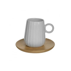 Set pentru cafea, 6 cesti din portelan cu suport din bambus, 9X6X7 cm.